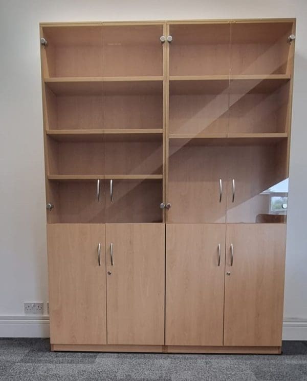 2 x Tall Beech Bookcase Depth 350 Deep Glass Front Storage Units