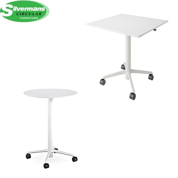 Assist round and square table with a mobile base, designed for flexible office spaces and collaboration.