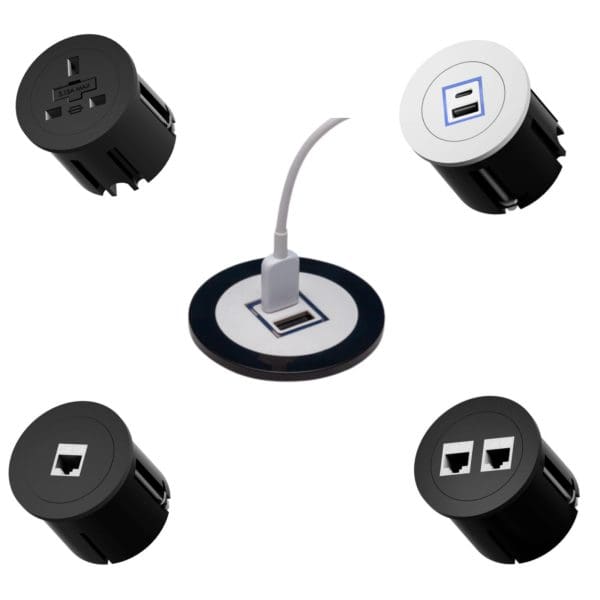 pop-up power outlet, desk power outlet, USB charging port, data port, cable management, Silvermans Office Furniture