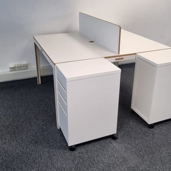 White office desks.